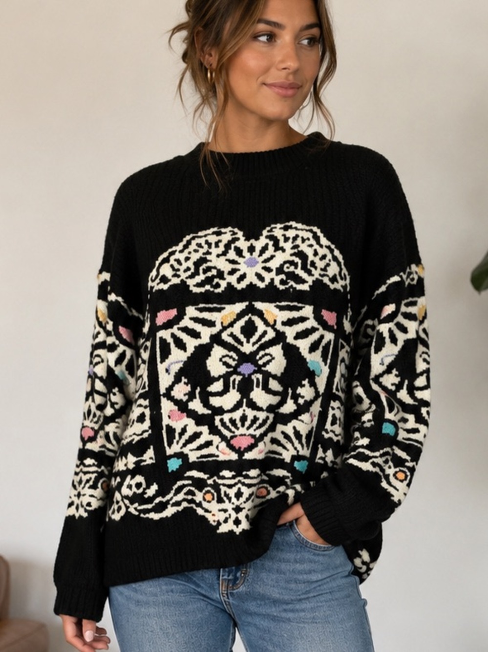 Jamie Scott Sweater Women Chunky Knit Abstract Retro Geometric Art VTG 80s 90s
